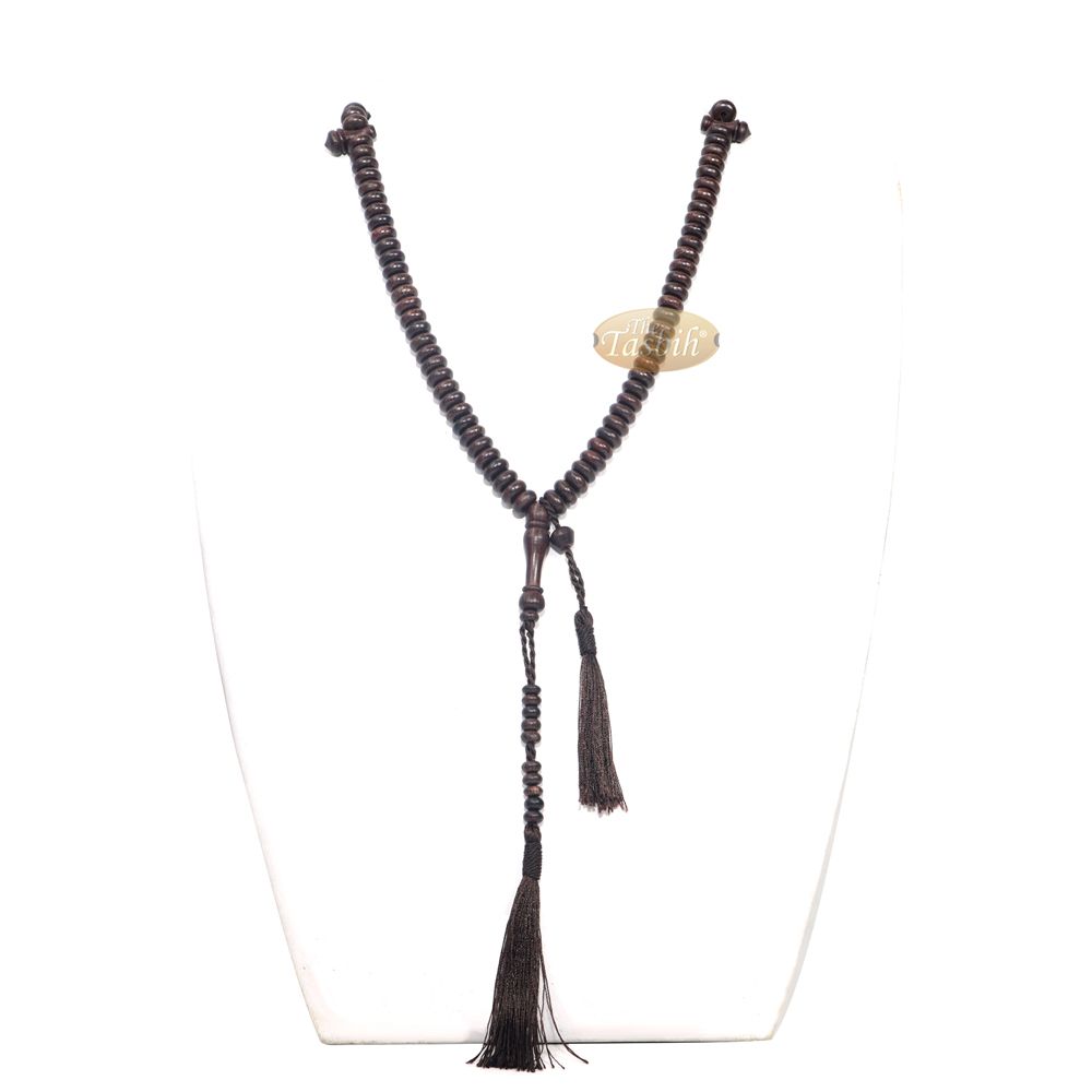 Wooden Islamic Prayer Beads – 10 mm 99 count Flat Oval Tamarind Misbaha Tasbih – Dark Brown Tassels, Adjustable Tension, Extra Counter