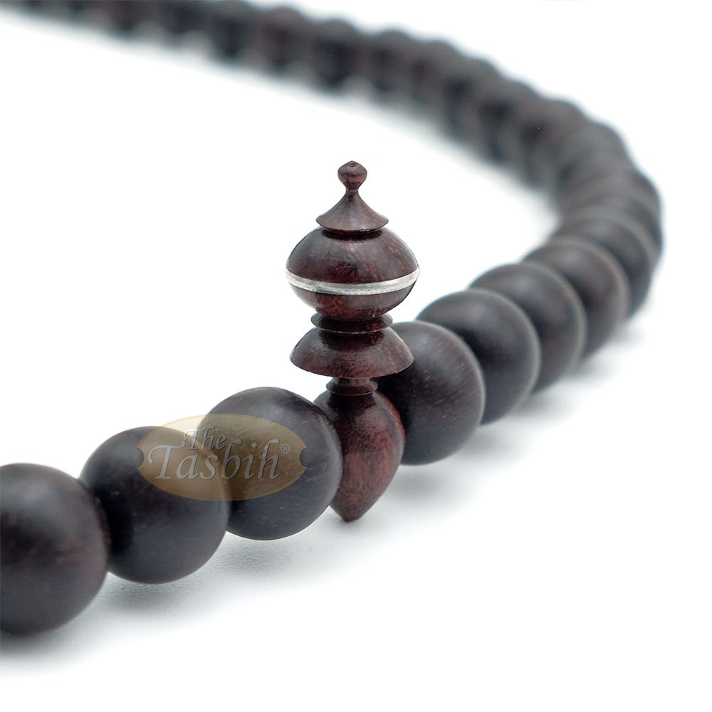 Limited Edition Tamarind Wood Terompah Prayer Beads 99 count Round Shape – 10 mm Dark Brown Beads Alif and Dividers Pewter Inlay Islamic Misbaha