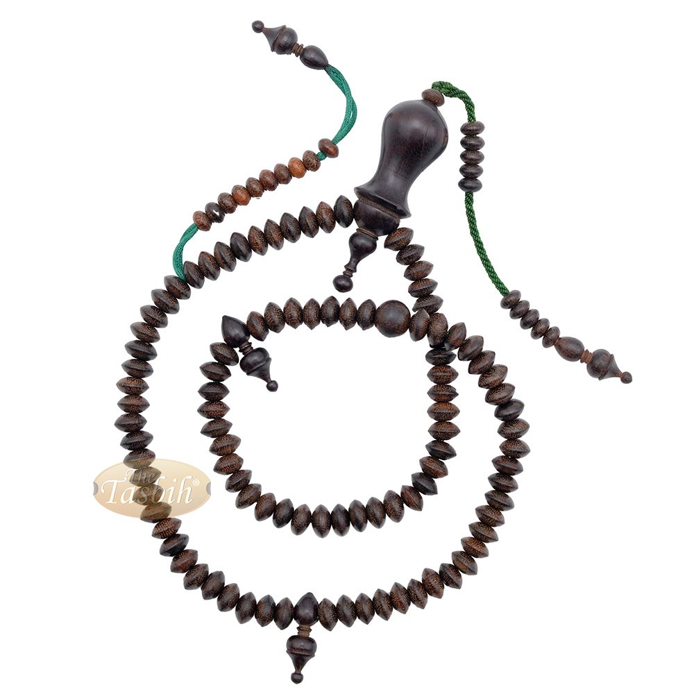 Small Tamarind Wood Nalain Misbaha – Limited Edition Terompah 5×9 mm Saucer-Shape 99 count Muslim Indonesian Prayer Beads with Extra Counters