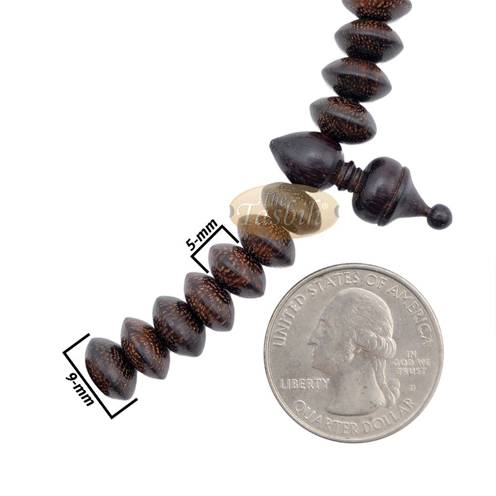 Small Tamarind Wood Nalain Misbaha – Limited Edition Terompah 5×9 mm Saucer-Shape 99 count Muslim Indonesian Prayer Beads with Extra Counters