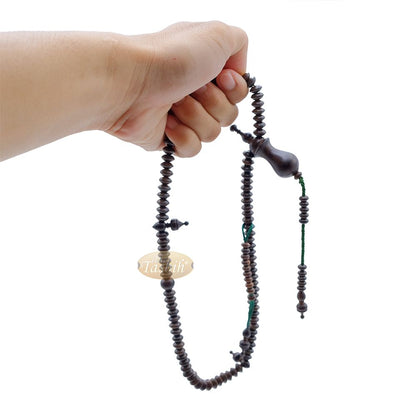 Small Tamarind Wood Nalain Misbaha – Limited Edition Terompah 5×9 mm Saucer-Shape 99 count Muslim Indonesian Prayer Beads with Extra Counters
