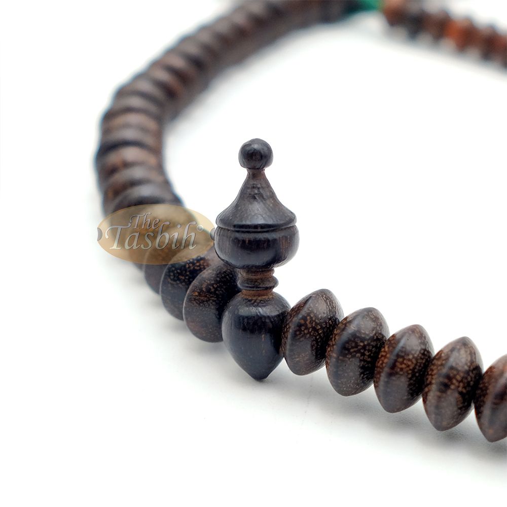 Small Tamarind Wood Nalain Misbaha – Limited Edition Terompah 5×9 mm Saucer-Shape 99 count Muslim Indonesian Prayer Beads with Extra Counters