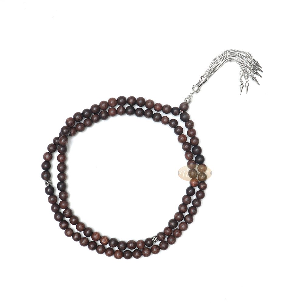 Tamarind Wood Tasbih – 8 mm Beads with Ornamental Silver-Tone Fox-Tail Chain Tassel