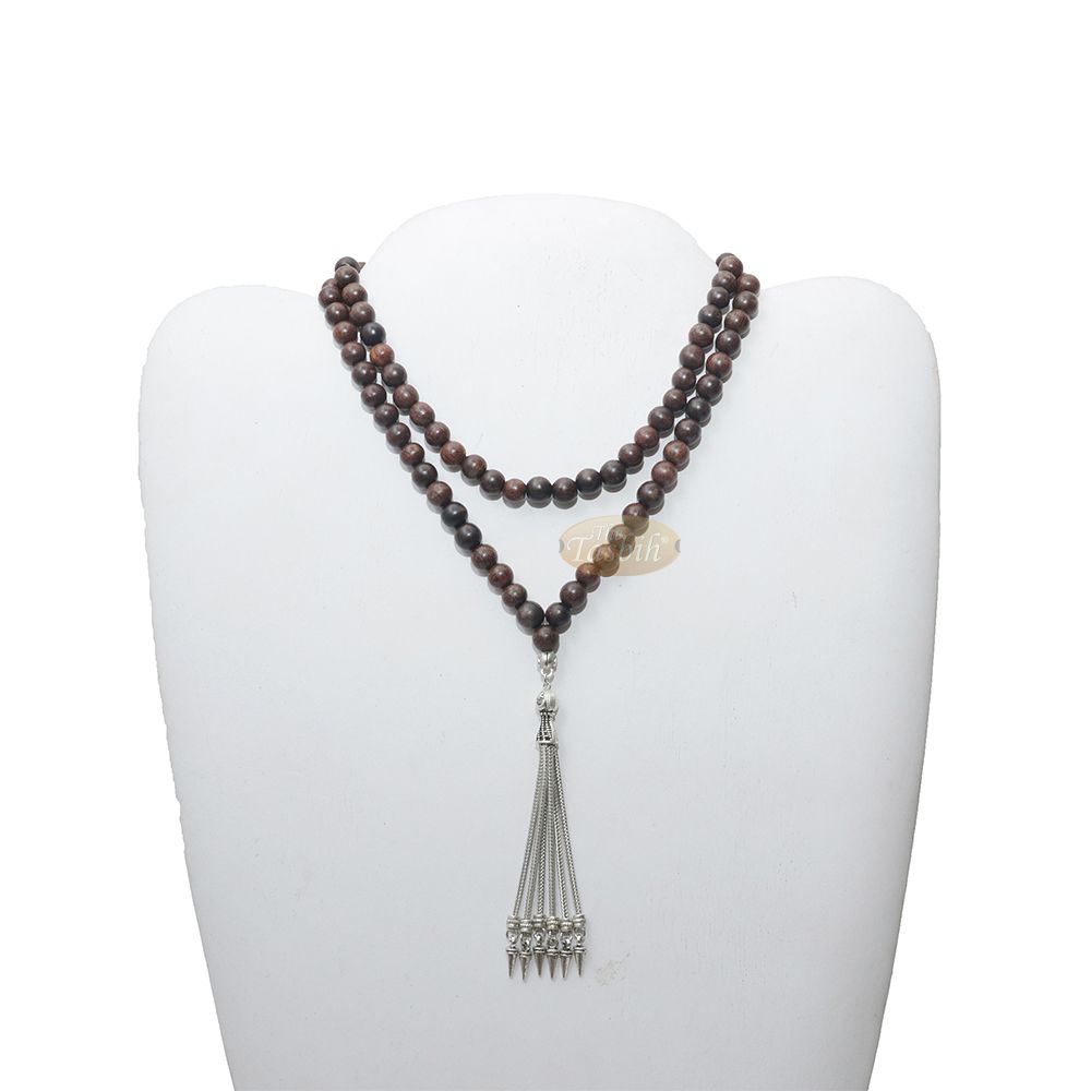 Tamarind Wood Tasbih – 8 mm Beads with Ornamental Silver-Tone Fox-Tail Chain Tassel