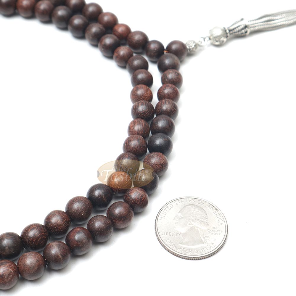 Tamarind Wood Tasbih – 8 mm Beads with Ornamental Silver-Tone Fox-Tail Chain Tassel