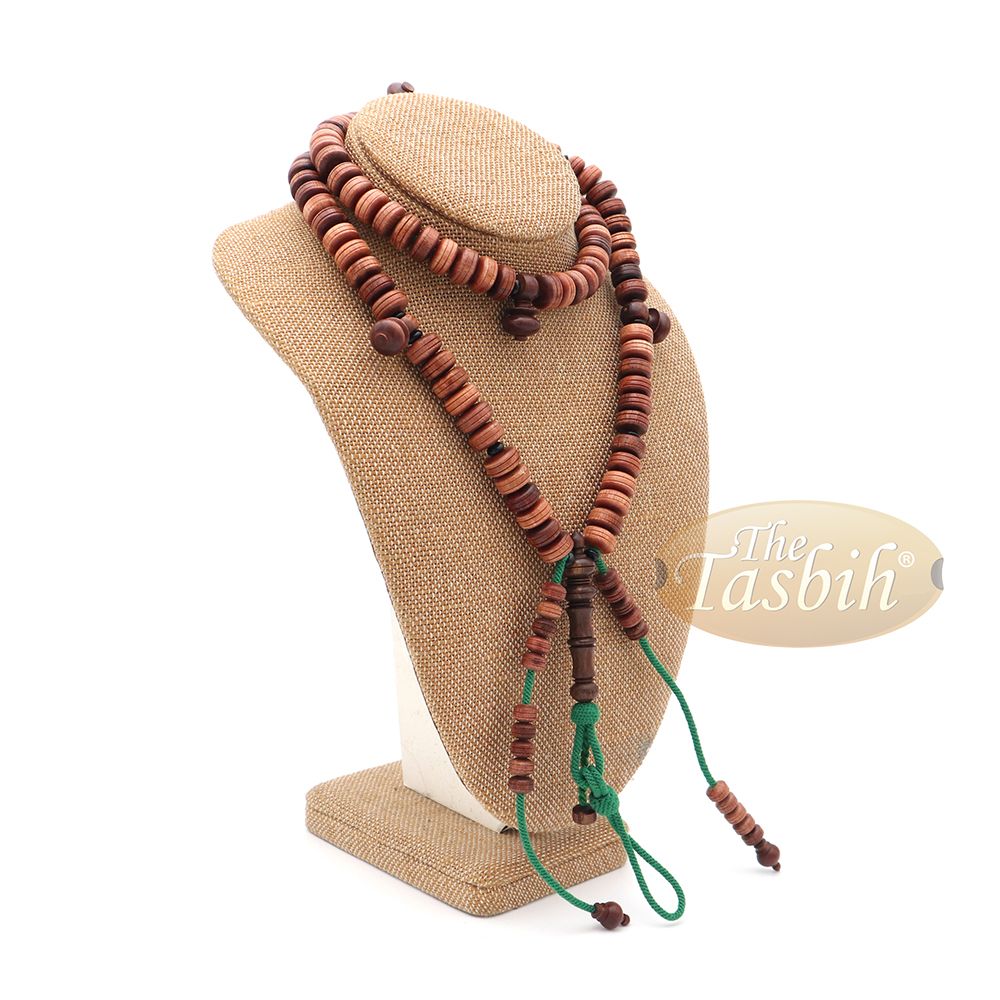 Large 9×14 mm Tamarind Wood Tijani Misbaha – Handcrafted 100 Beads with Durable Green Cord Tasbih