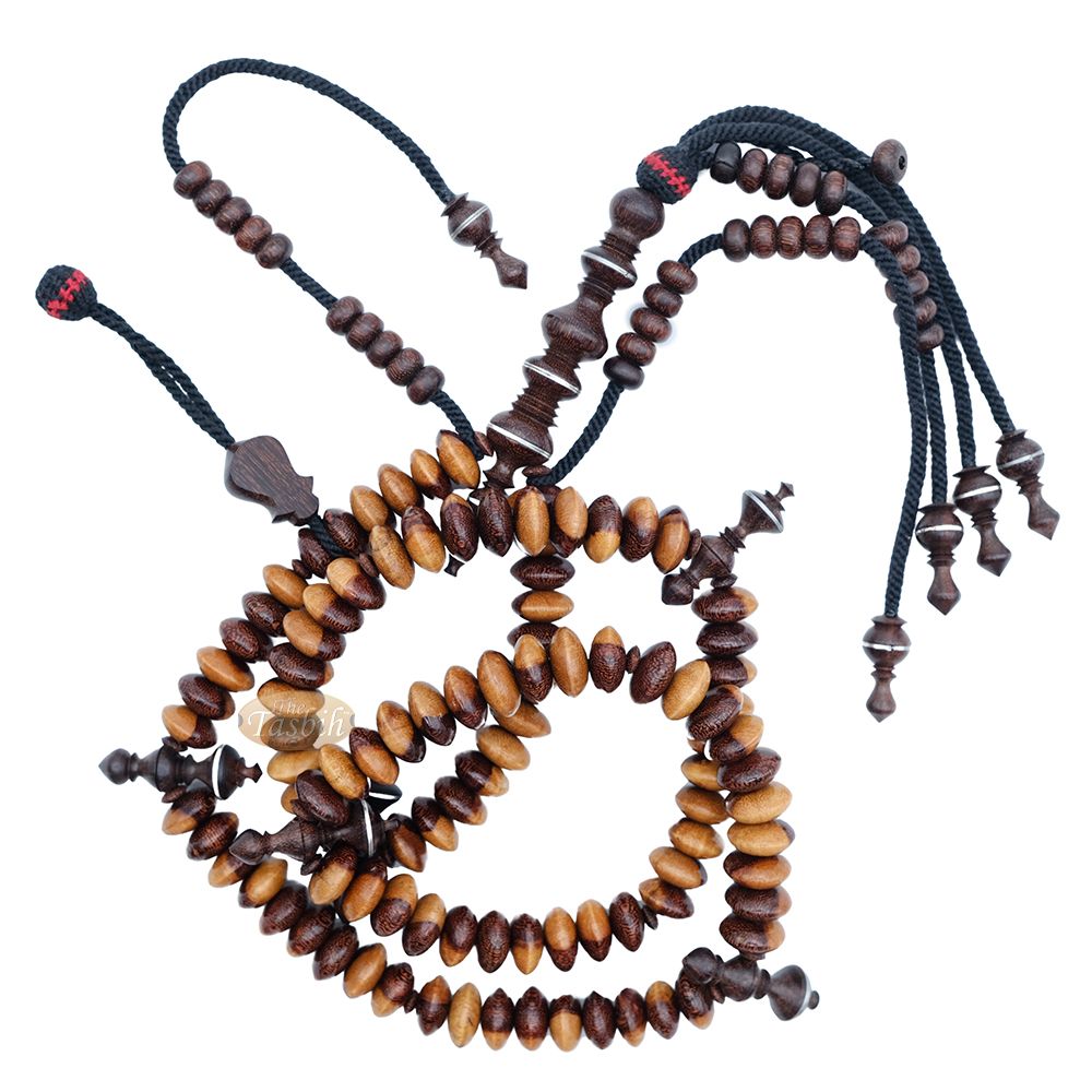 Wooden Tijani Tasbih | Limited Edition Ain Madhi Mixed Tone Tamarind Wood 12×6 mm Saucer Pewter Inlay 100-Bead Misbaha