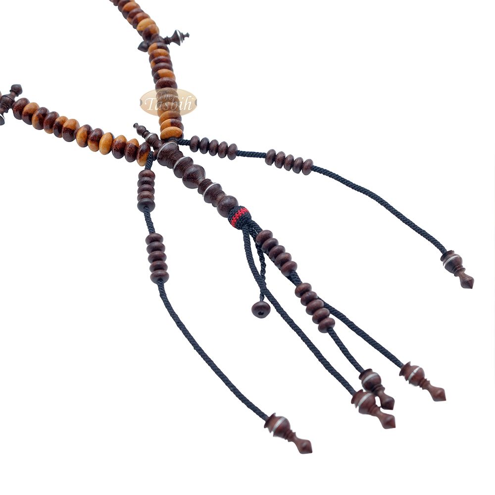 Wooden Tijani Tasbih | Limited Edition Ain Madhi Mixed Tone Tamarind Wood 12×6 mm Saucer Pewter Inlay 100-Bead Misbaha