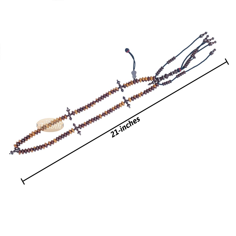 Wooden Tijani Tasbih | Limited Edition Ain Madhi Mixed Tone Tamarind Wood 12×6 mm Saucer Pewter Inlay 100-Bead Misbaha