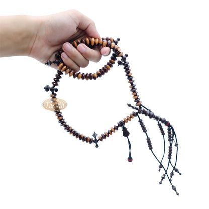 Wooden Tijani Tasbih | Limited Edition Ain Madhi Mixed Tone Tamarind Wood 12×6 mm Saucer Pewter Inlay 100-Bead Misbaha