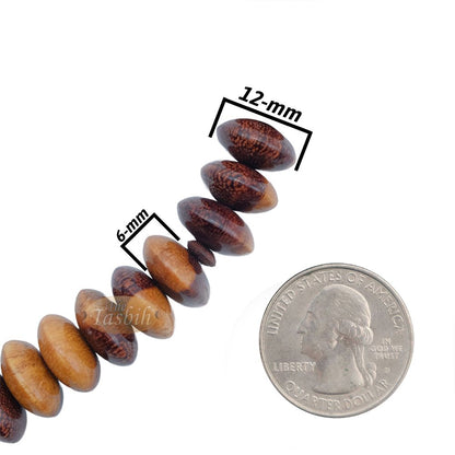 Wooden Tijani Tasbih | Limited Edition Ain Madhi Mixed Tone Tamarind Wood 12×6 mm Saucer Pewter Inlay 100-Bead Misbaha
