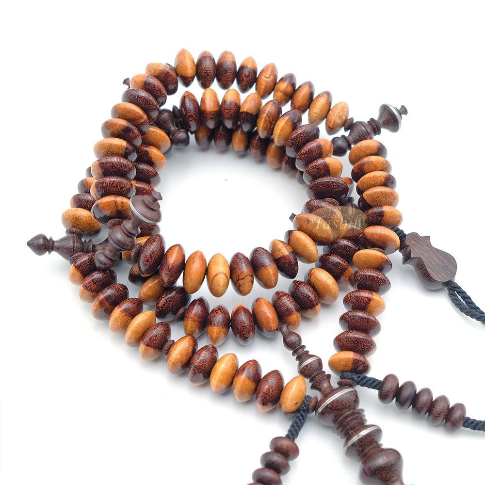 Wooden Tijani Tasbih | Limited Edition Ain Madhi Mixed Tone Tamarind Wood 12×6 mm Saucer Pewter Inlay 100-Bead Misbaha