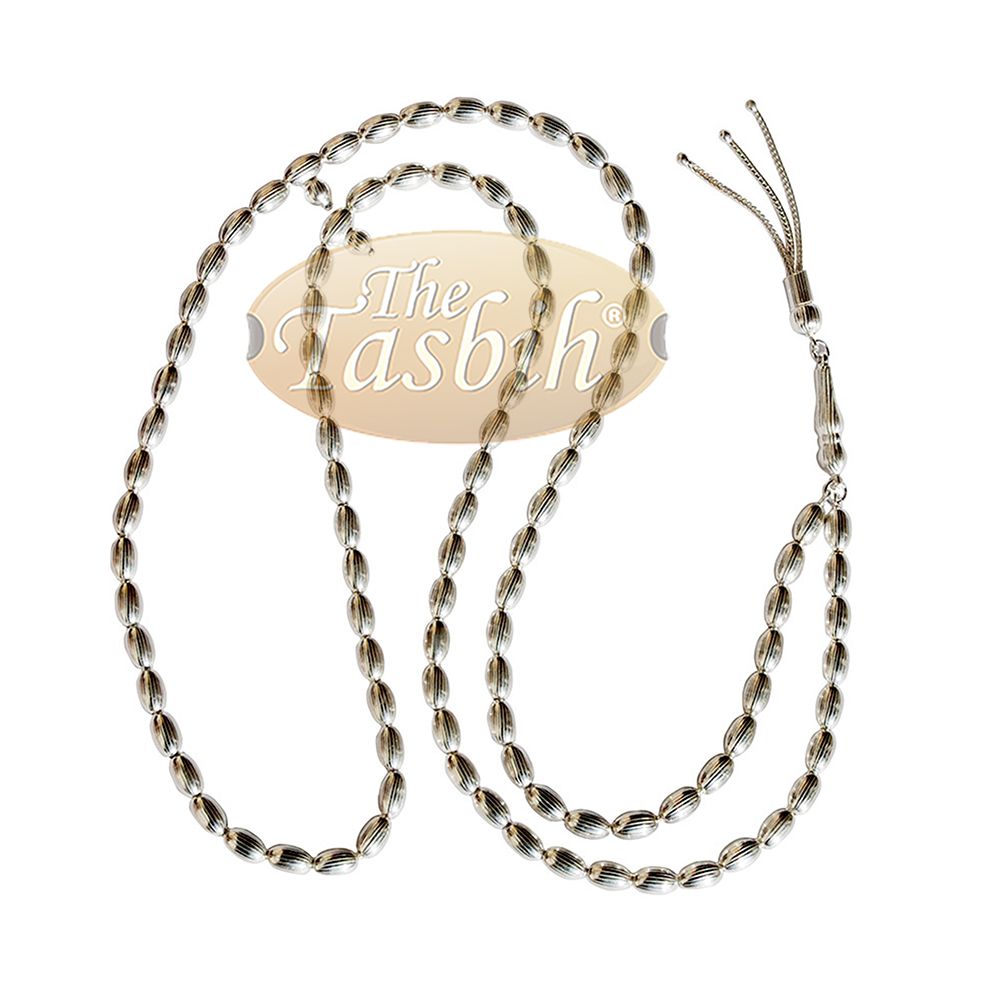 Small 5 mm Sterling Silver Prayer Beads – 99 Rigid Elongated Oval Beads with 2 Dividers and Decorative Tassel