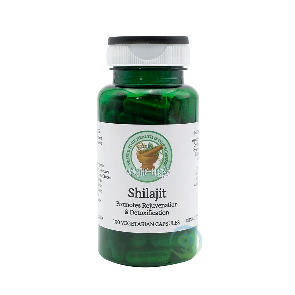 Worthy Herbs Shilajit supplement bottle containing 100 vegetarian capsules for rejuvenation and detoxification.