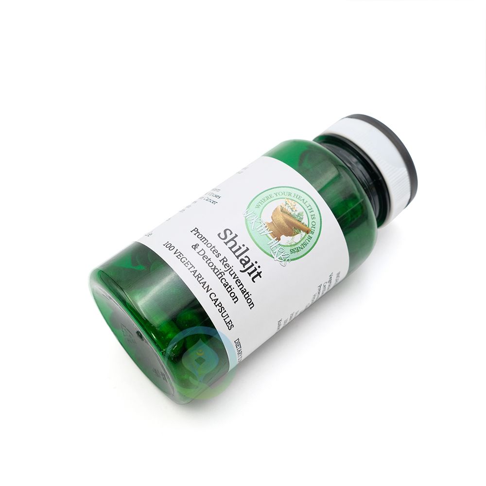 Worthy Herbs Shilajit supplement bottle containing 100 vegetarian capsules for rejuvenation and detoxification.