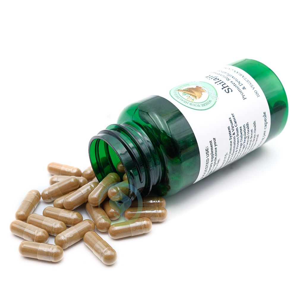 Worthy Herbs Shilajit supplement bottle containing 100 vegetarian capsules for rejuvenation and detoxification.