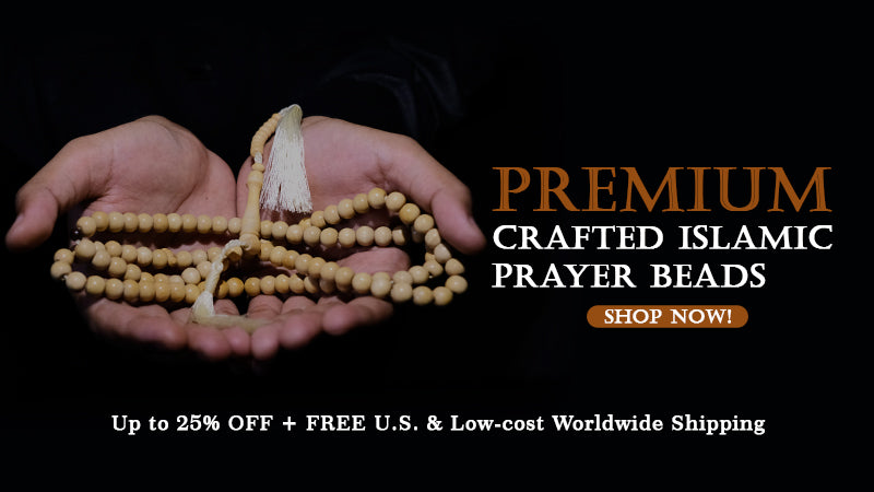Hands presenting premium handcrafted Islamic prayer beads (tasbih) with wooden beads and tassel, symbolizing quality worship accessories.